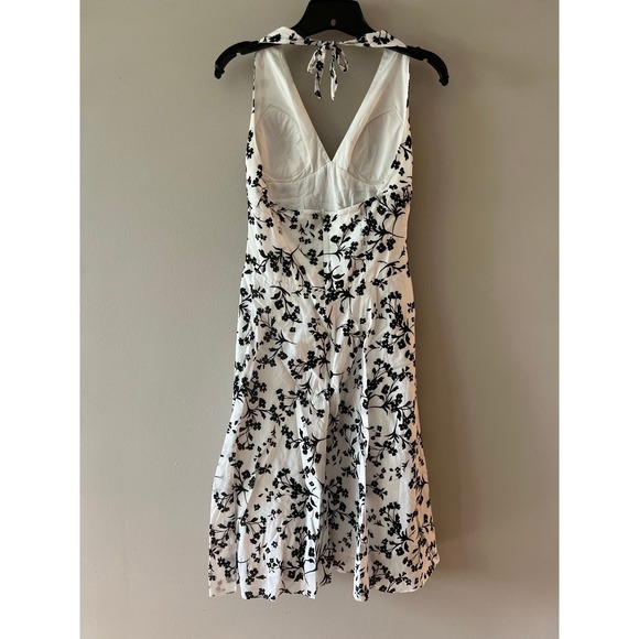 White House Black Market White Black Floral Cotton Halter Dress Size 2 - Picture 3 of 6